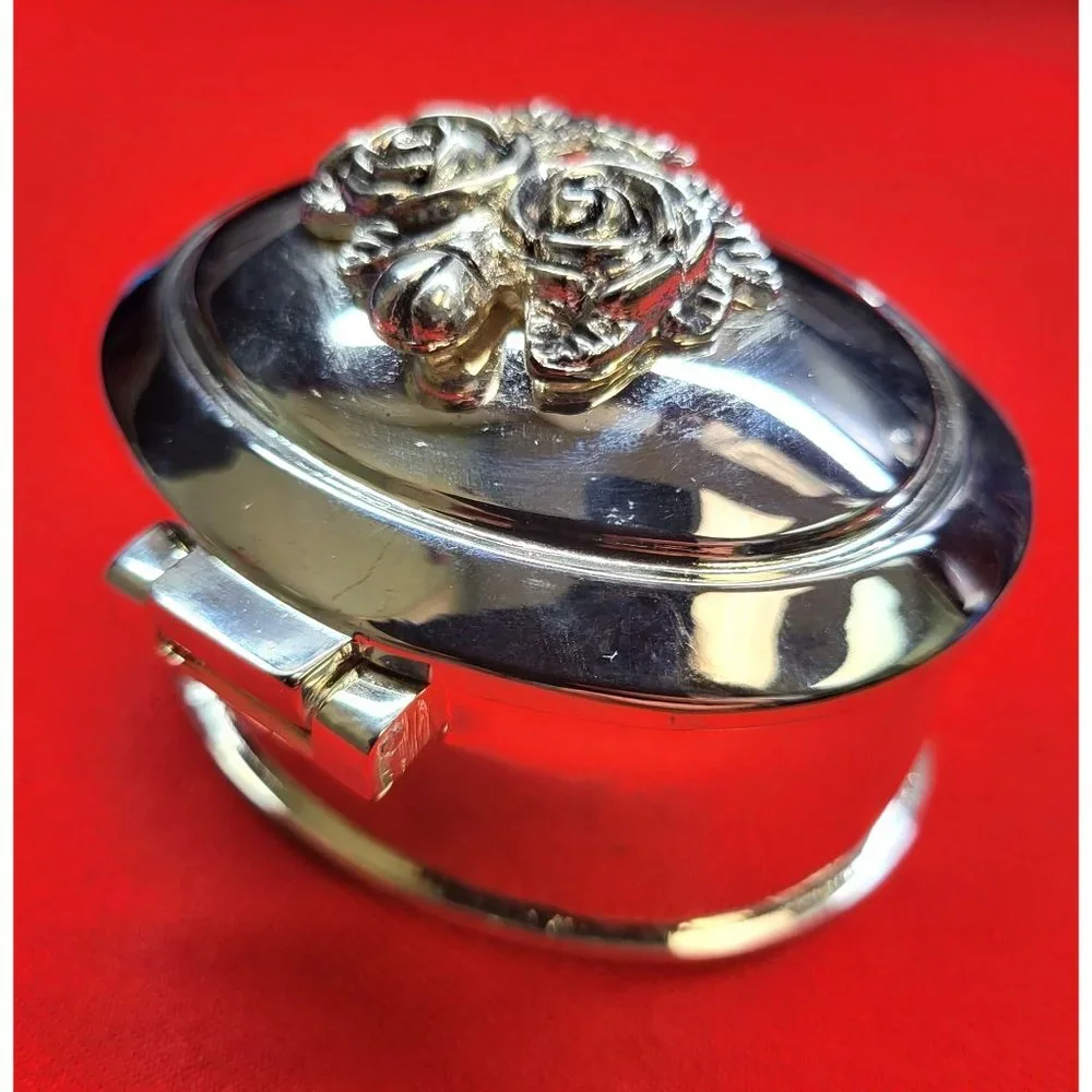 Vintage Silver Plated Roses Hinged Cover Trinket Jewelry Box Red Velvet Lining